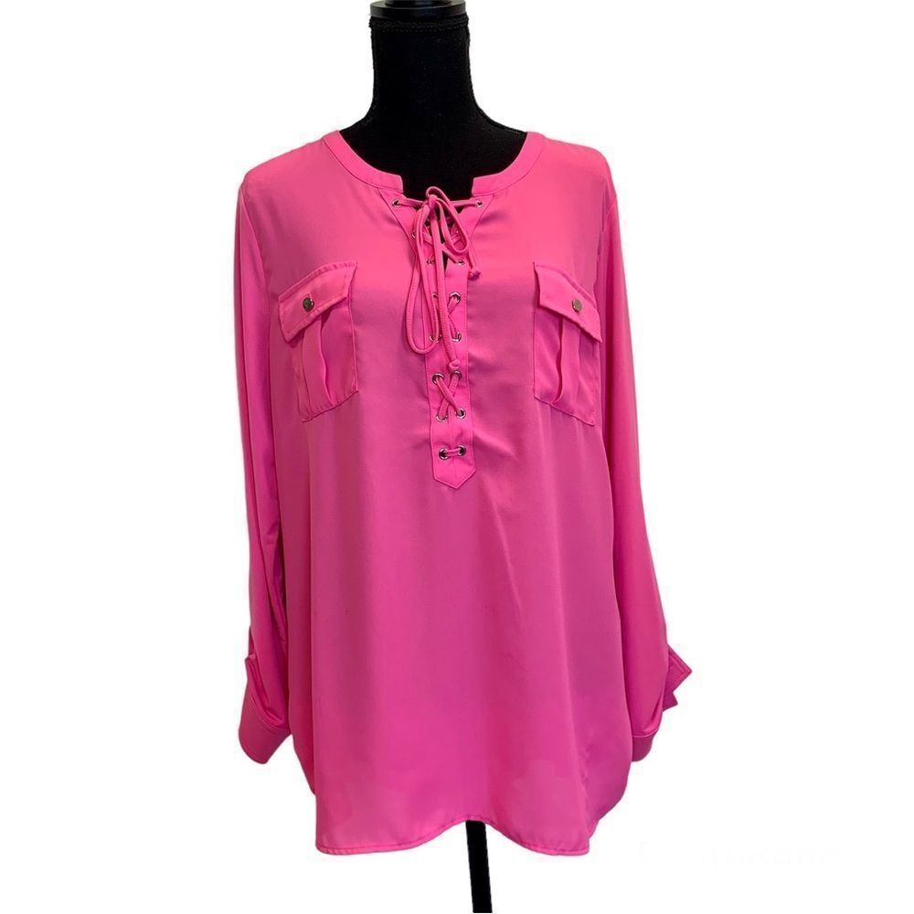 NYGARD neon pink roll tab long sleeve lace-up blouse Sz L